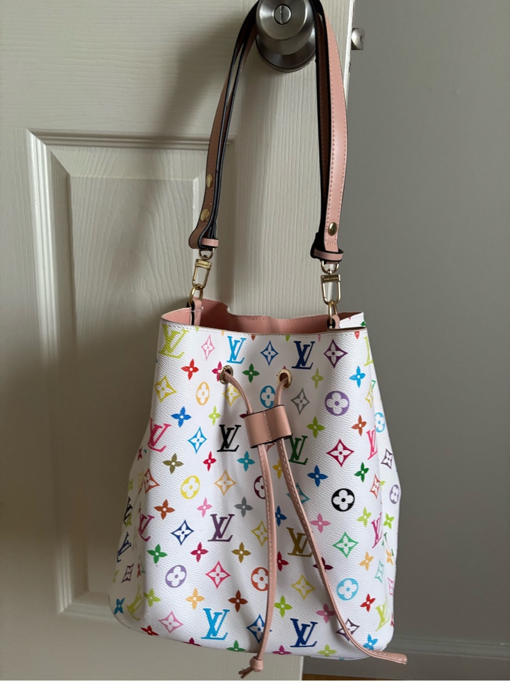 White Multicolor Monogram Drawstring Shoulder Bag - Pink Trim